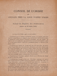 Conseil de l'Ordre des Avocats près la Cour d'Appel d'AGEN - Extrait du registre des délibérations - Séance 10 juillet 1919